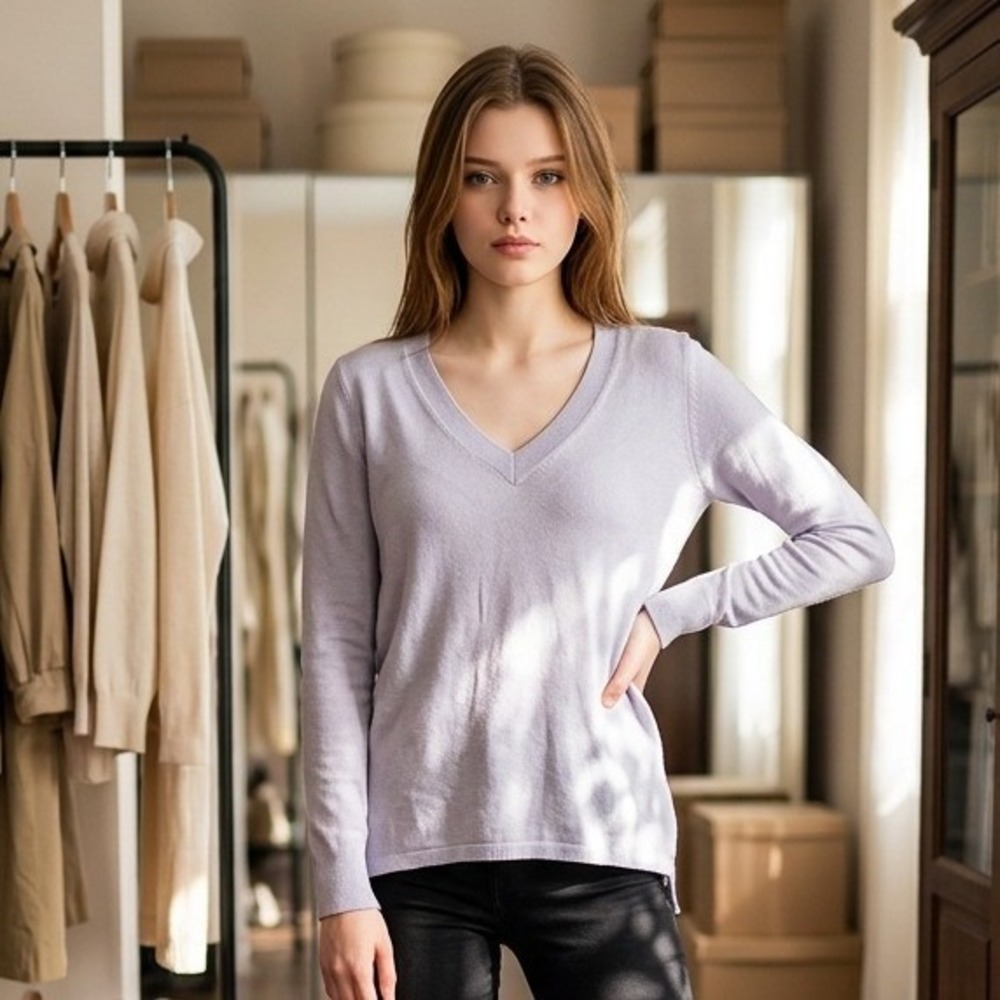 White House Black Market M Gray Wool Blend Split Back V-Neck‎ Sweater Medium